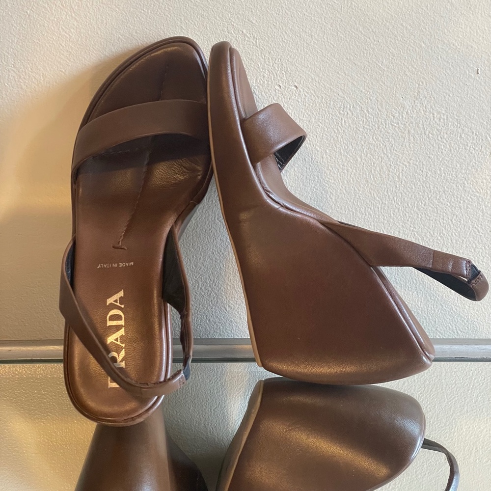 Prada
Brown Leather Slingback Wedge 
Sandals 
38.5 - Picture 5 of 16